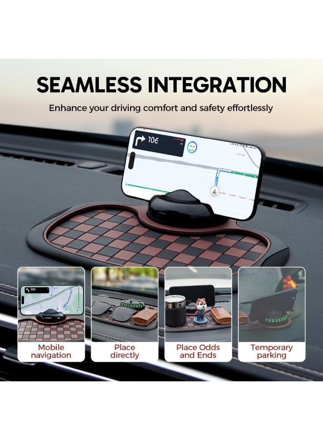 Bukela Multifunction Car Anti Slip Mat, 360° Rotatable Phone Holder Dashboard Pad with Temporary Parking Number, Anti Skid Organizer for Phone Sunglasses Keys (Brown-Gray Checkered Pattern) - Image 3